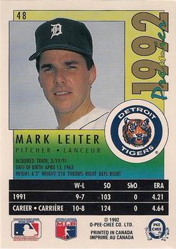 1992 O-Pee-Chee Premier #48 Mark Leiter Back