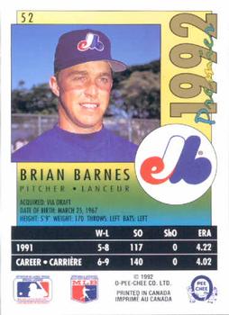 1992 O-Pee-Chee Premier #52 Brian Barnes Back