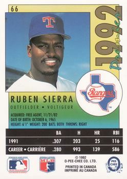 1992 O-Pee-Chee Premier #66 Ruben Sierra Back