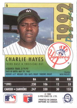 1992 O-Pee-Chee Premier #6 Charlie Hayes Back
