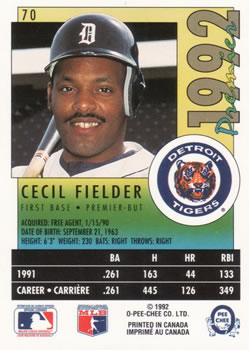 1992 O-Pee-Chee Premier #70 Cecil Fielder Back