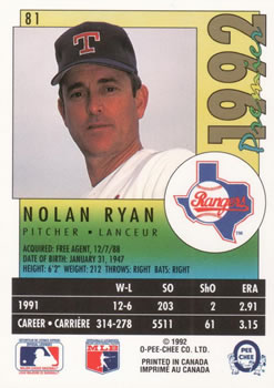 1992 O-Pee-Chee Premier #81 Nolan Ryan Back