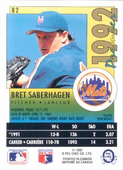 1992 O-Pee-Chee Premier #82 Bret Saberhagen Back