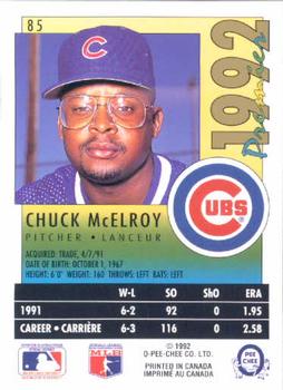 1992 O-Pee-Chee Premier #85 Chuck McElroy Back
