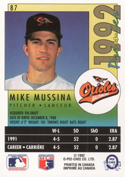 1992 O-Pee-Chee Premier #87 Mike Mussina Back