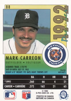 1992 O-Pee-Chee Premier #88 Mark Carreon Back