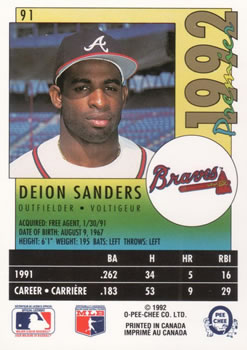 1992 O-Pee-Chee Premier #91 Deion Sanders Back