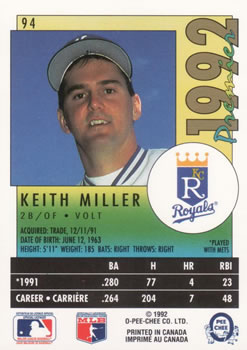 1992 O-Pee-Chee Premier #94 Keith Miller Back