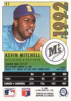 1992 O-Pee-Chee Premier #97 Kevin Mitchell Back