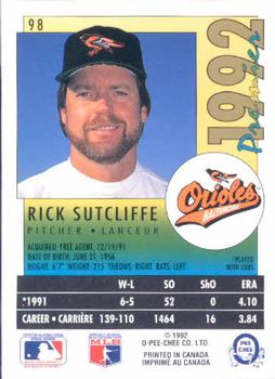 1992 O-Pee-Chee Premier #98 Rick Sutcliffe Back