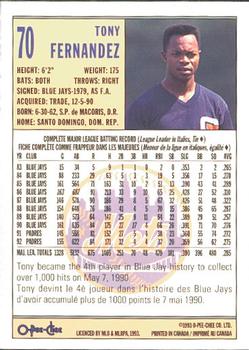 1993 O-Pee-Chee #70 Tony Fernandez Back