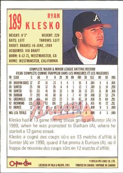 1993 O-Pee-Chee #189 Ryan Klesko Back