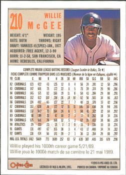 1993 O-Pee-Chee #210 Willie McGee Back