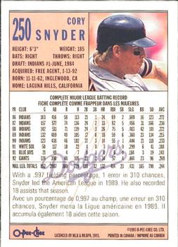 1993 O-Pee-Chee #250 Cory Snyder Back