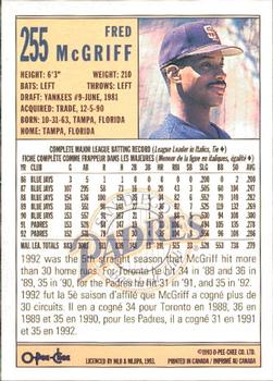 1993 O-Pee-Chee #255 Fred McGriff Back
