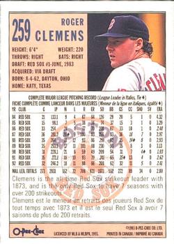 1993 O-Pee-Chee #259 Roger Clemens Back