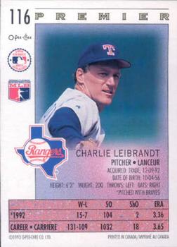 1993 O-Pee-Chee Premier #116 Charlie Leibrandt Back