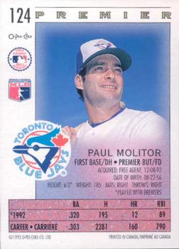 1993 O-Pee-Chee Premier #124 Paul Molitor Back