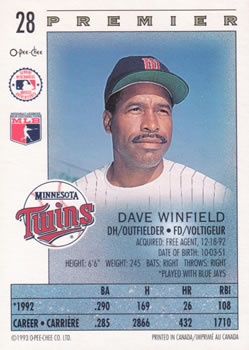1993 O-Pee-Chee Premier #28 Dave Winfield Back