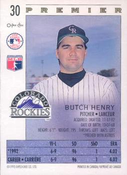 1993 O-Pee-Chee Premier #30 Butch Henry Back
