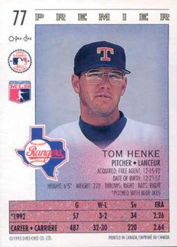 1993 O-Pee-Chee Premier #77 Tom Henke Back