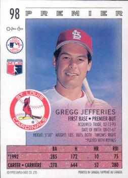 1993 O-Pee-Chee Premier #98 Gregg Jefferies Back