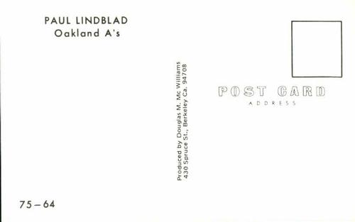 1975 Doug McWilliams Postcards #75-64 Paul Lindblad Back
