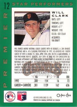 1993 O-Pee-Chee Premier - Star Performers #12 Will Clark Back