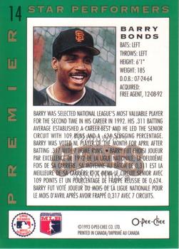 1993 O-Pee-Chee Premier - Star Performers #14 Barry Bonds Back