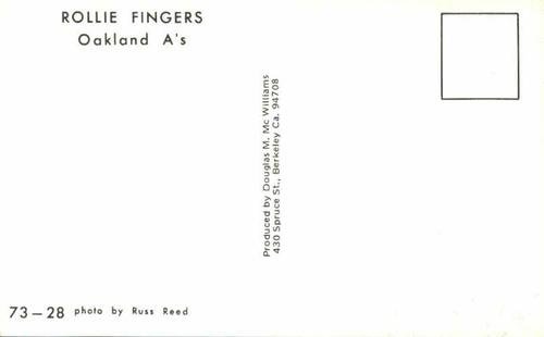 1973 Doug McWilliams Postcards #73-28a Rollie Fingers Back