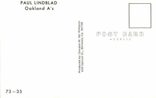 1973 Doug McWilliams Postcards #73-35 Paul Lindblad Back