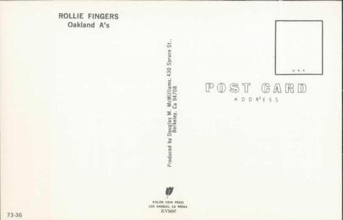 1973 Doug McWilliams Postcards #73-36 Rollie Fingers Back