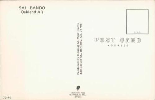 1973 Doug McWilliams Postcards #73-40 Sal Bando Back
