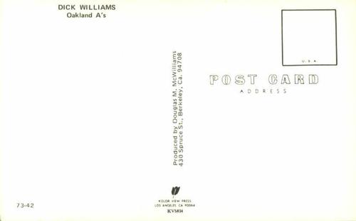 1973 Doug McWilliams Postcards #73-42 Dick Williams Back