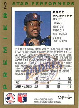 1993 O-Pee-Chee Premier - Star Performers Foil #2 Fred McGriff Back