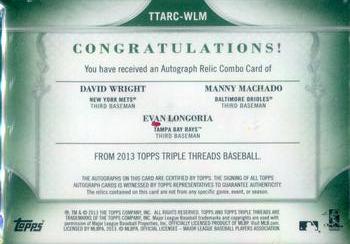 2013 Topps Triple Threads - Autograph Relic Combos Emerald #TTARC-WLM Evan Longoria / David Wright / Manny Machado Back