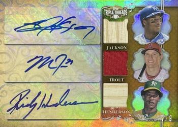 2013 Topps Triple Threads - Autograph Relic Combos Gold #TTARC-JTH Bo Jackson / Rickey Henderson / Mike Trout Front