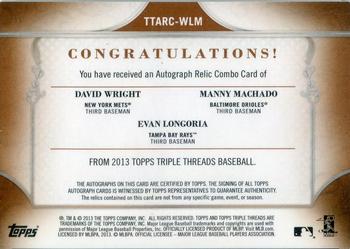 2013 Topps Triple Threads - Autograph Relic Combos Sepia #TTARC-WLM Evan Longoria / David Wright / Manny Machado Back