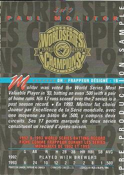 1994 O-Pee-Chee - World Champions #3 Paul Molitor Back
