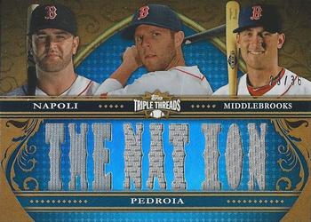 2013 Topps Triple Threads - Relic Combos #TTRC-NPM Mike Napoli / Dustin Pedroia / Will Middlebrooks Front