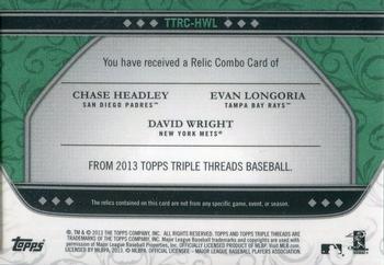 2013 Topps Triple Threads - Relic Combos Emerald #TTRC-HWL Chase Headley / David Wright / Evan Longoria Back