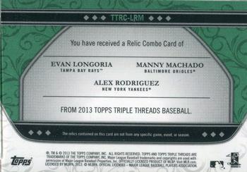 2013 Topps Triple Threads - Relic Combos Emerald #TTRC-LRM Manny Machado / Evan Longoria / Alex Rodriguez Back
