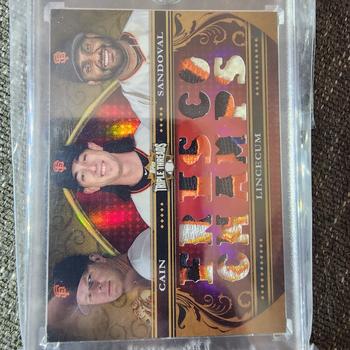2013 Topps Triple Threads - Relic Combos Ruby #TTRC-CLS Matt Cain / Tim Lincecum / Pablo Sandoval Front