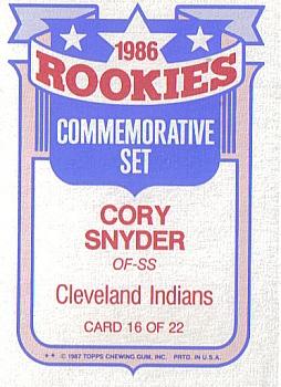 1987 Topps - Glossy Rookies #16 Cory Snyder Back