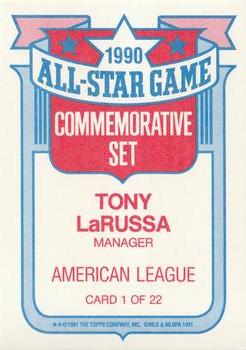 1991 Topps - Glossy All-Stars #1 Tony LaRussa Back