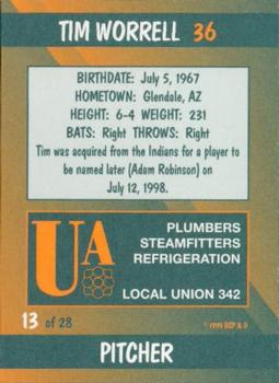 1999 Plumbers Union Oakland Athletics #13 Tim Worrell Back