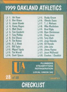 1999 Plumbers Union Oakland Athletics #28 Thad Bosley / Brad Fischer / Dave Hudgens / Ken Macha / Rick Peterson / Ron Washington Back