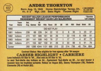 1985 Leaf #102 Andre Thornton Back