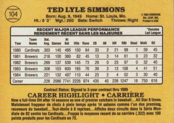 1985 Leaf #104 Ted Simmons Back