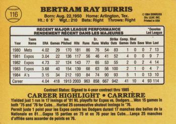 1985 Leaf #116 Ray Burris Back